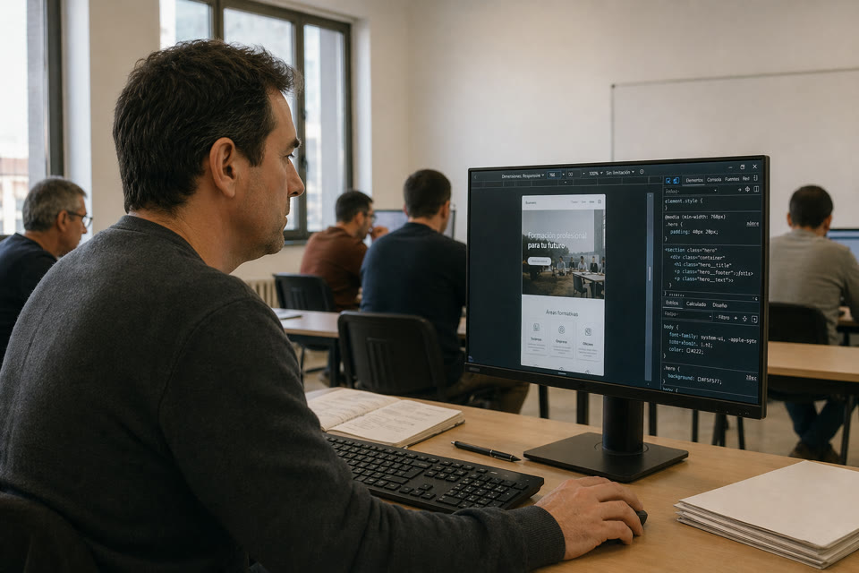 Alumno adulto trabajando en el aula del curso frente a un monitor con el layout de una web abierto en el navegador.