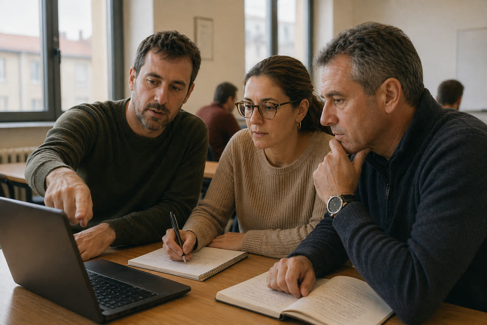 Tres alumnos adultos trabajando juntos frente a un portátil, discutiendo la maquetación de una página web.