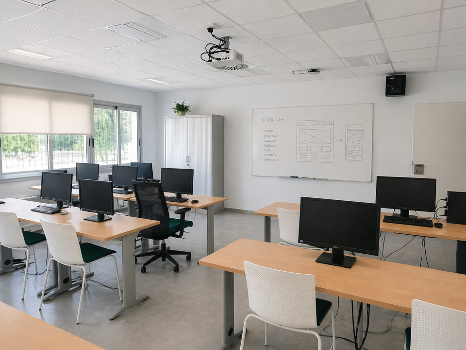 Aula teórica equipada donde se imparten contenidos técnicos de los cursos de agricultura.