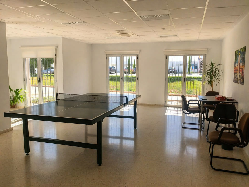 Sala común de ocio en la residencia, con alumnos compartiendo juegos y conversación.